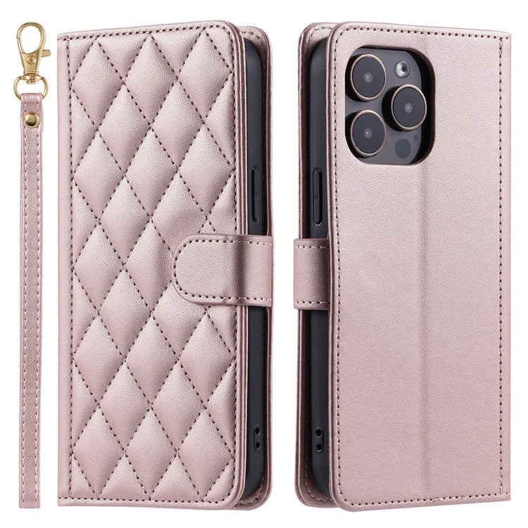 For iPhone 15 Pro Max Leather Case Stitching Rhombus Grid Stand Wallet Cover