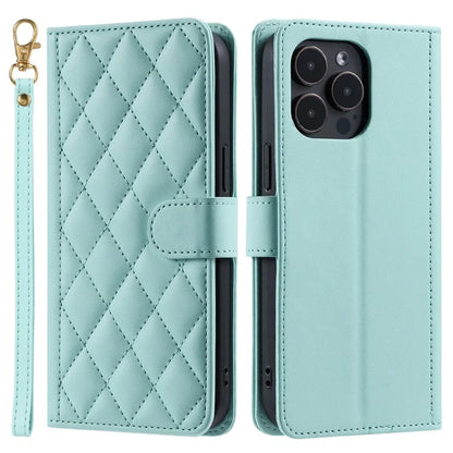 For iPhone 15 Pro Max Leather Case Stitching Rhombus Grid Stand Wallet Cover