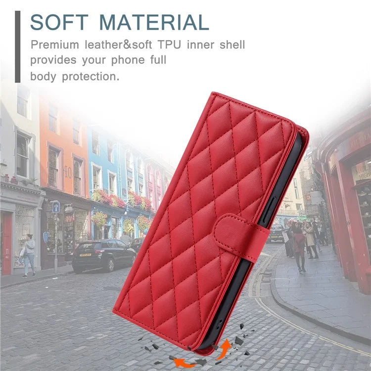 For iPhone 15 Pro Max Leather Case Stitching Rhombus Grid Stand Wallet Cover