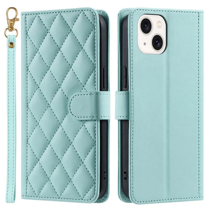 For iPhone 15 Leather Case Rhombus Grid Stand Flip Wallet Phone Cover