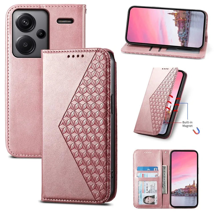 For Xiaomi Redmi Note 13 Pro+ 5G Leather Case Wallet Flip Cover Rhombus Pattern