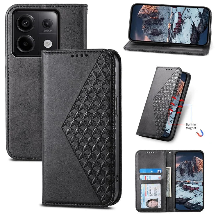 For Xiaomi Redmi Note 13 Pro 5G / Poco X6 5G Case Wallet Magnetic Leather Cover Rhombus Pattern
