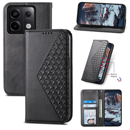 For Xiaomi Redmi Note 13 Pro 5G / Poco X6 5G Case Wallet Magnetic Leather Cover Rhombus Pattern