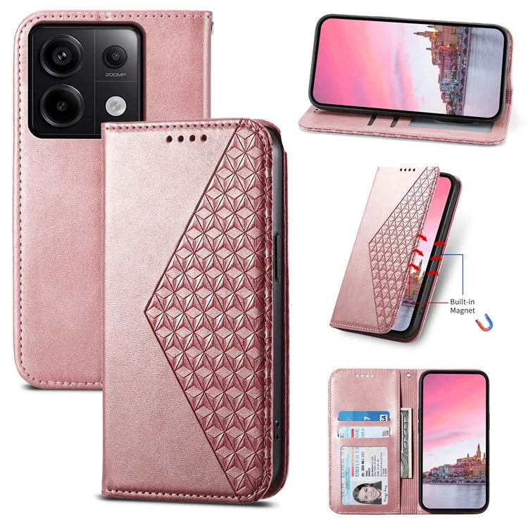 For Xiaomi Redmi Note 13 Pro 5G / Poco X6 5G Case Wallet Magnetic Leather Cover Rhombus Pattern