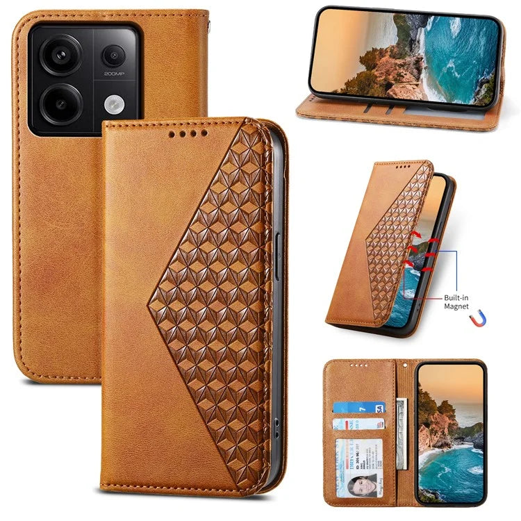For Xiaomi Redmi Note 13 Pro 5G / Poco X6 5G Case Wallet Magnetic Leather Cover Rhombus Pattern