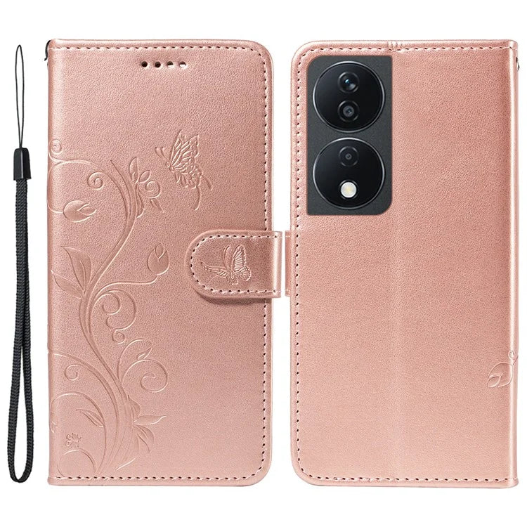 For Honor X7b 4G Leather Phone Case Butterfly Flower Pattern Wallet Style Cover