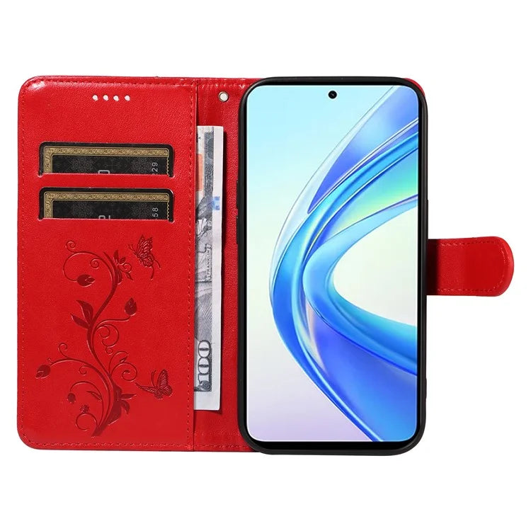 For Honor X7b 4G Leather Phone Case Butterfly Flower Pattern Wallet Style Cover