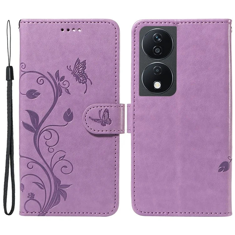 For Honor X7b 4G Leather Phone Case Butterfly Flower Pattern Wallet Style Cover