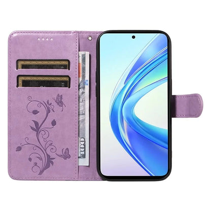 For Honor X7b 4G Leather Phone Case Butterfly Flower Pattern Wallet Style Cover