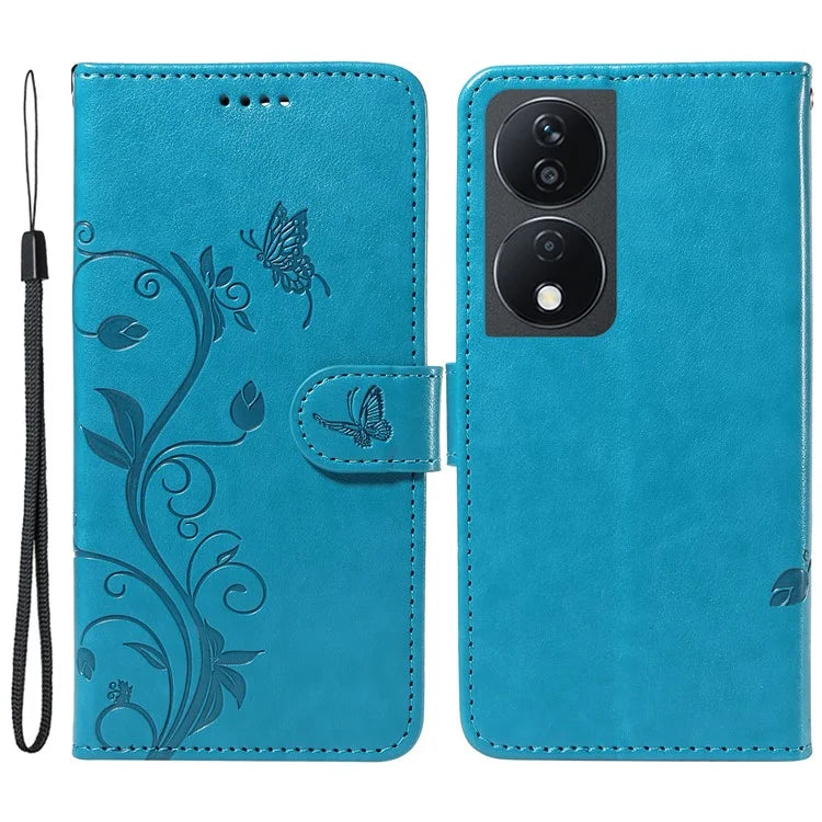 For Honor X7b 4G Leather Phone Case Butterfly Flower Pattern Wallet Style Cover