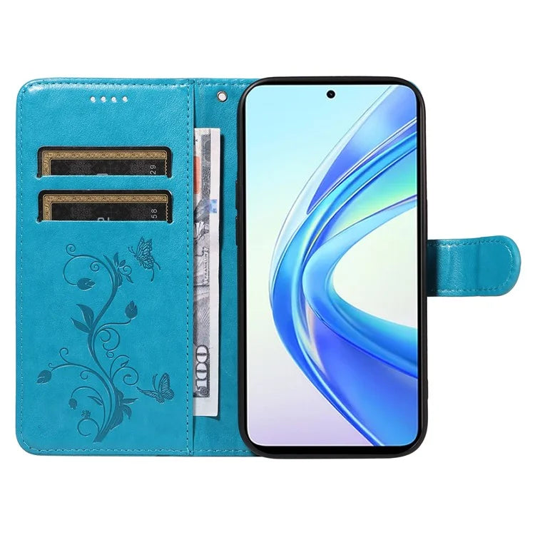 For Honor X7b 4G Leather Phone Case Butterfly Flower Pattern Wallet Style Cover