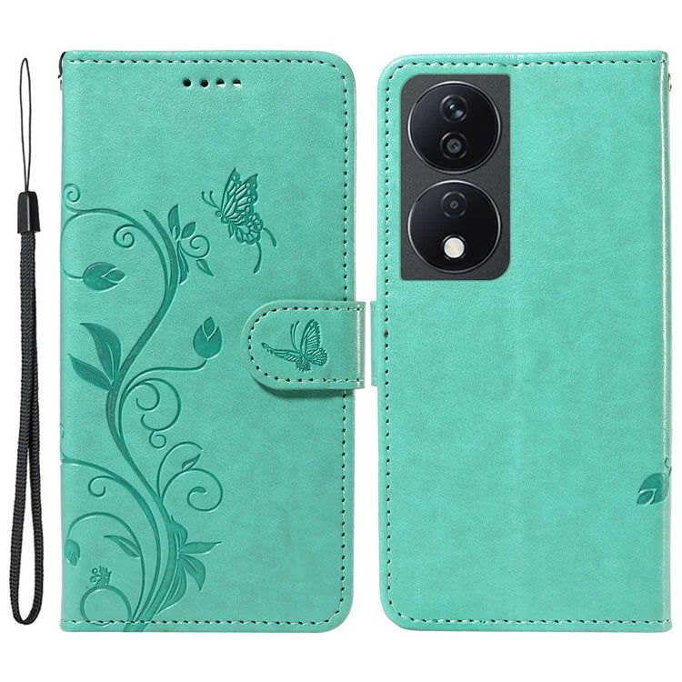 For Honor X7b 4G Leather Phone Case Butterfly Flower Pattern Wallet Style Cover