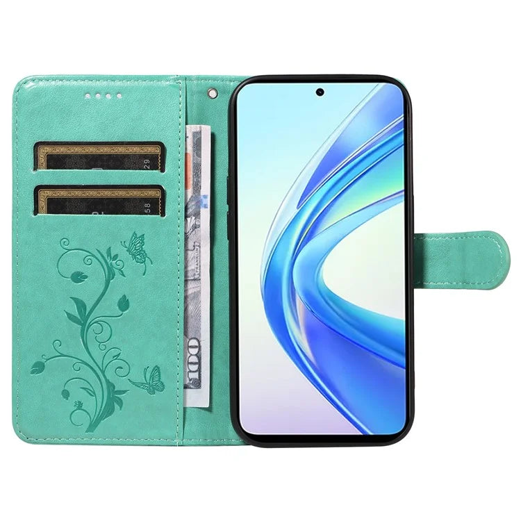 For Honor X7b 4G Leather Phone Case Butterfly Flower Pattern Wallet Style Cover
