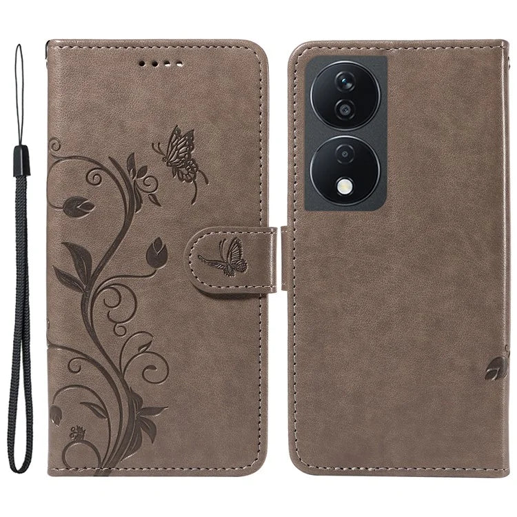 For Honor X7b 4G Leather Phone Case Butterfly Flower Pattern Wallet Style Cover