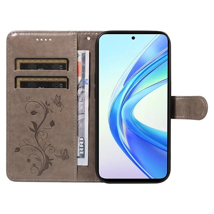 For Honor X7b 4G Leather Phone Case Butterfly Flower Pattern Wallet Style Cover