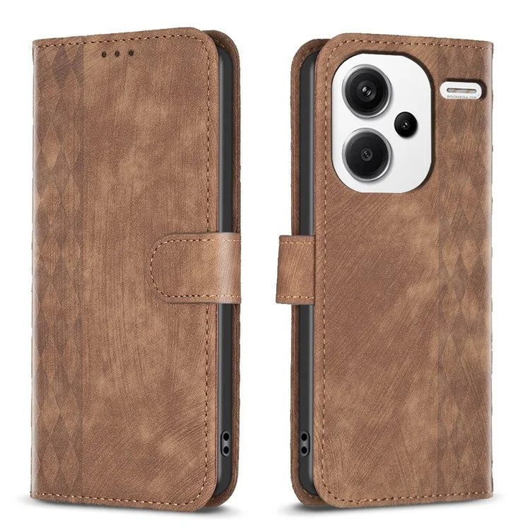 For Xiaomi Redmi Note 13 Pro+ 5G Leather Wallet Case Grid Pattern Shockproof Flip Cover