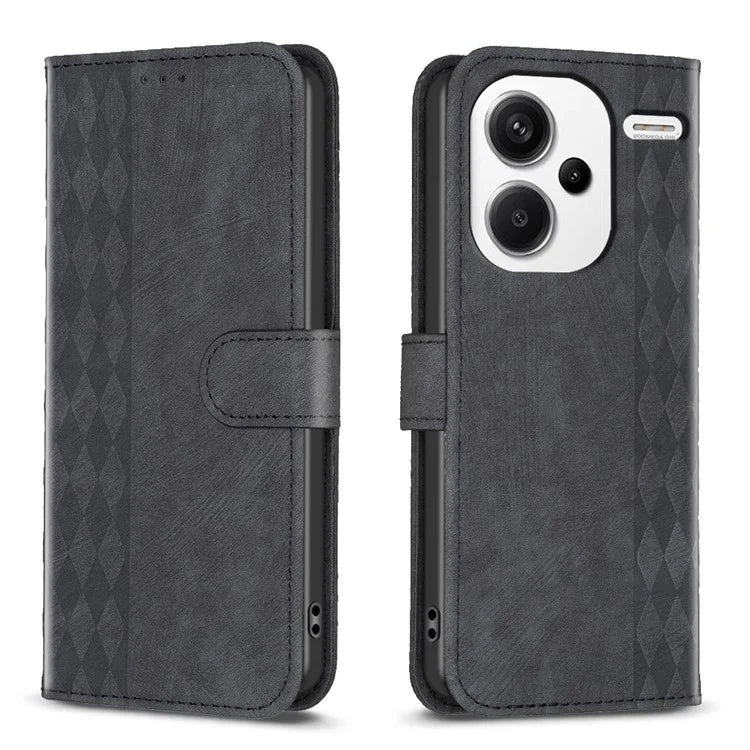 For Xiaomi Redmi Note 13 Pro+ 5G Leather Wallet Case Grid Pattern Shockproof Flip Cover