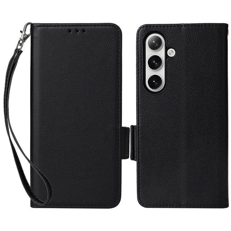 For Samsung Galaxy S24+ Case Leather Litchi Texture Phone Protector with Wrist Strap
