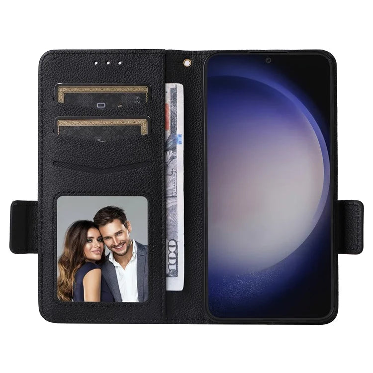 For Samsung Galaxy S24+ Case Leather Litchi Texture Phone Protector with Wrist Strap