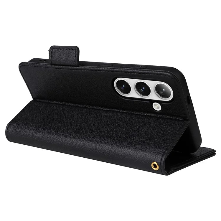 For Samsung Galaxy S24+ Case Leather Litchi Texture Phone Protector with Wrist Strap