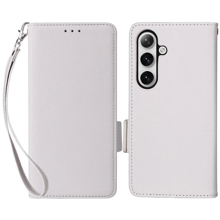 For Samsung Galaxy S24+ Case Leather Litchi Texture Phone Protector with Wrist Strap