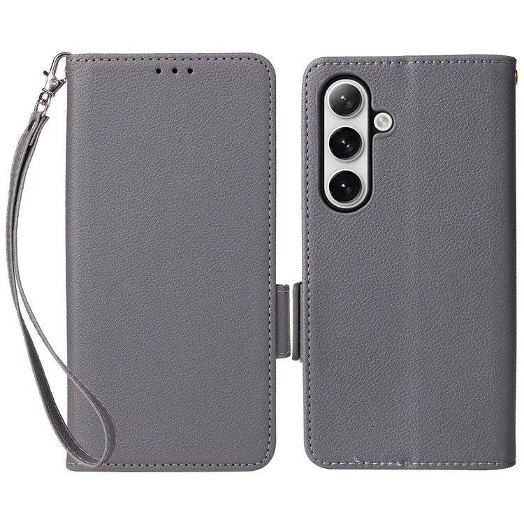 For Samsung Galaxy S24+ Case Leather Litchi Texture Phone Protector with Wrist Strap
