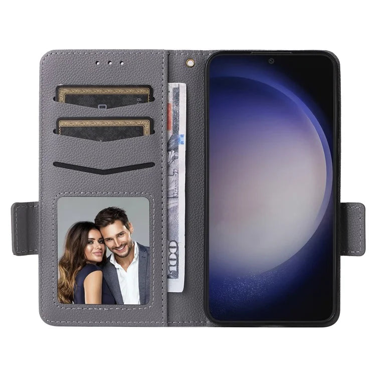 For Samsung Galaxy S24+ Case Leather Litchi Texture Phone Protector with Wrist Strap