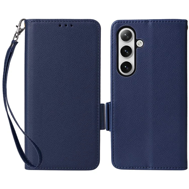 For Samsung Galaxy S24+ Case Leather Litchi Texture Phone Protector with Wrist Strap