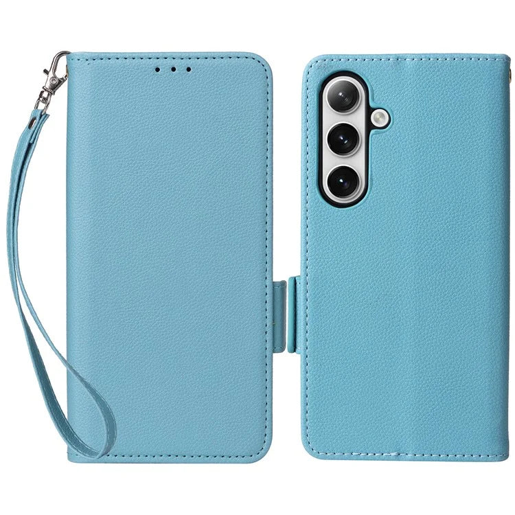 For Samsung Galaxy S24+ Case Leather Litchi Texture Phone Protector with Wrist Strap