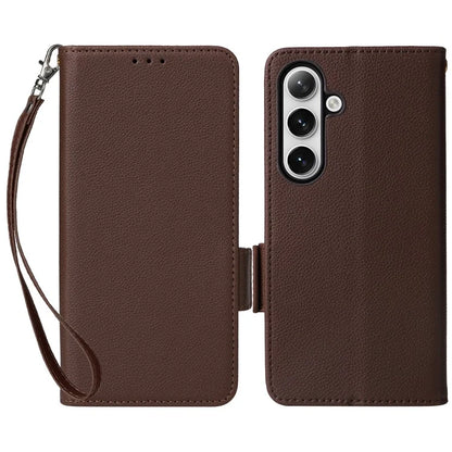 For Samsung Galaxy S24+ Case Leather Litchi Texture Phone Protector with Wrist Strap