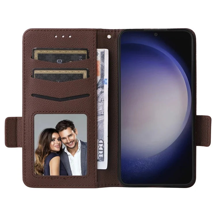 For Samsung Galaxy S24+ Case Leather Litchi Texture Phone Protector with Wrist Strap