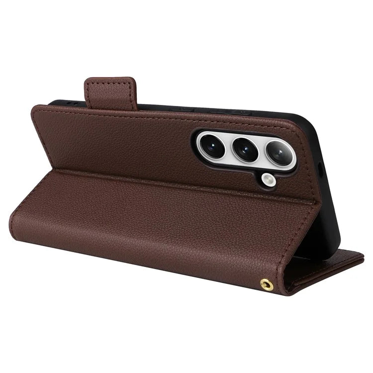For Samsung Galaxy S24+ Case Leather Litchi Texture Phone Protector with Wrist Strap