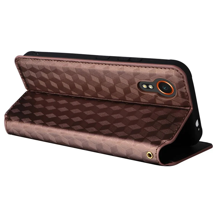 For Samsung Galaxy Xcover 7 Wallet Case Rhombus Imprinted Leather Flip Cover