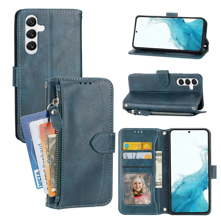 For Samsung Galaxy A55 5G Zipper Leather Case Wallet Phone Cover with 2 Straps