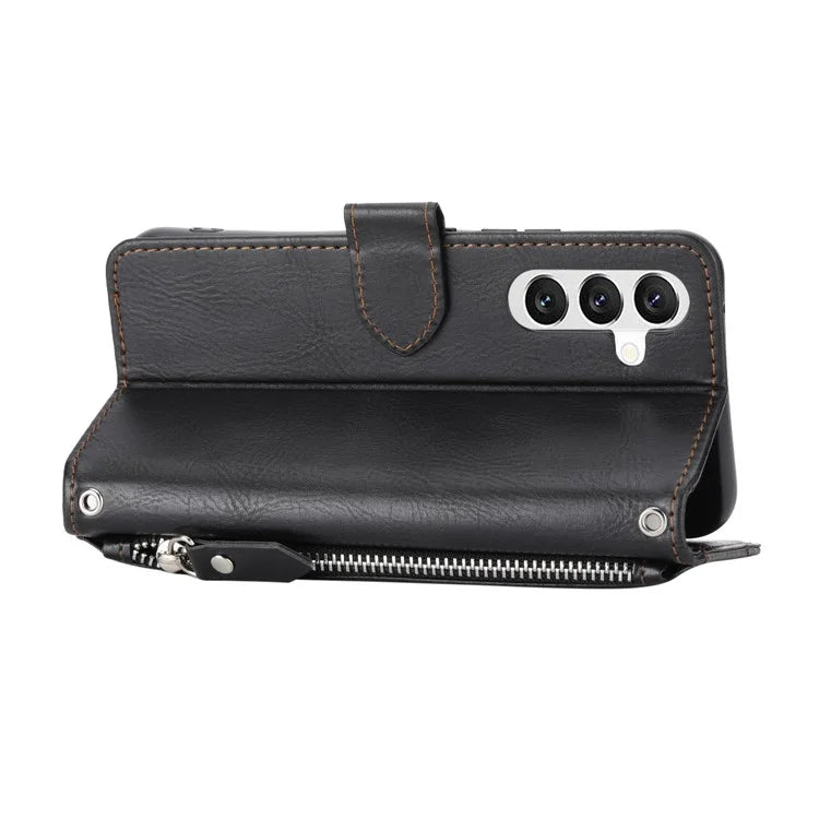For Samsung Galaxy A55 5G Zipper Leather Case Wallet Phone Cover with 2 Straps
