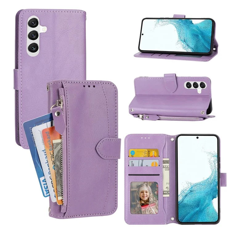 For Samsung Galaxy A55 5G Zipper Leather Case Wallet Phone Cover with 2 Straps