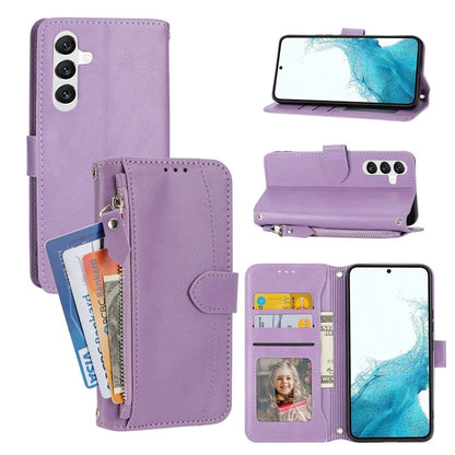 For Samsung Galaxy A55 5G Zipper Leather Case Wallet Phone Cover with 2 Straps