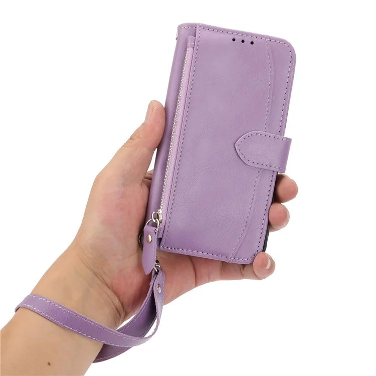 For Samsung Galaxy A55 5G Zipper Leather Case Wallet Phone Cover with 2 Straps