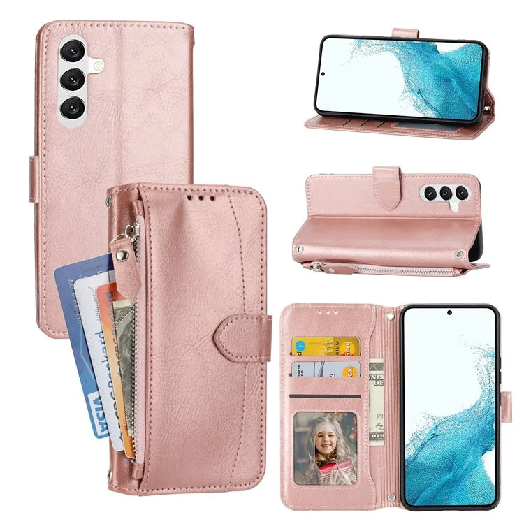 For Samsung Galaxy A55 5G Zipper Leather Case Wallet Phone Cover with 2 Straps