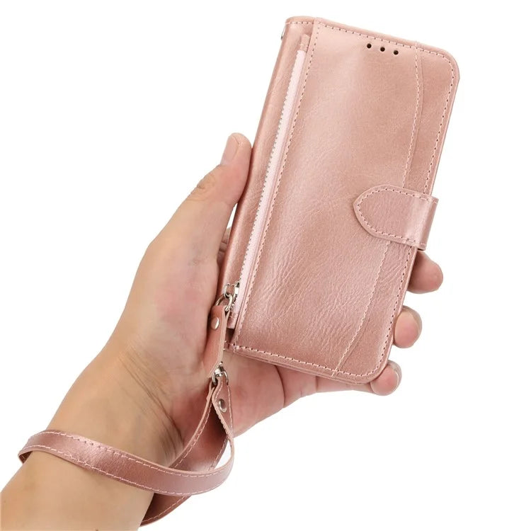 For Samsung Galaxy A55 5G Zipper Leather Case Wallet Phone Cover with 2 Straps