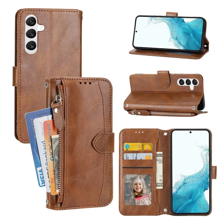 For Samsung Galaxy A55 5G Zipper Leather Case Wallet Phone Cover with 2 Straps