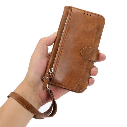 For Samsung Galaxy A55 5G Zipper Leather Case Wallet Phone Cover with 2 Straps