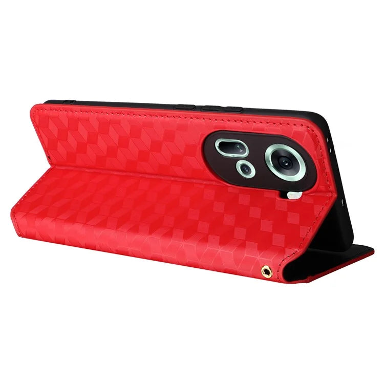 For Oppo Reno11 5G (Global) Leather Wallet Case Rhombus Imprinted Magnetic Closing