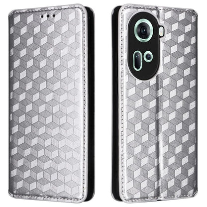 For Oppo Reno11 5G (Global) Leather Wallet Case Rhombus Imprinted Magnetic Closing