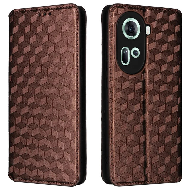 For Oppo Reno11 5G (Global) Leather Wallet Case Rhombus Imprinted Magnetic Closing