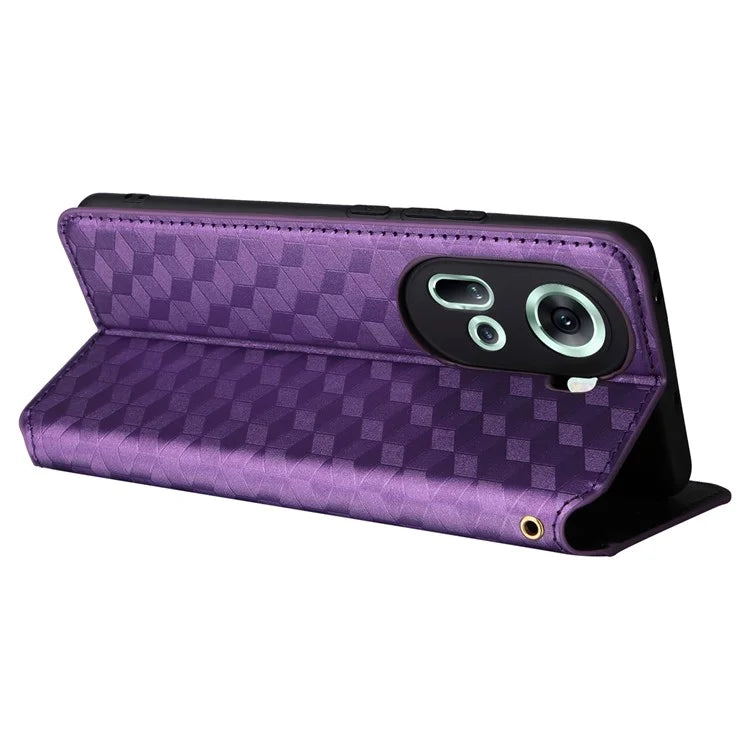 For Oppo Reno11 5G (Global) Leather Wallet Case Rhombus Imprinted Magnetic Closing