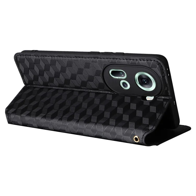For Oppo Reno11 5G (Global) Leather Wallet Case Rhombus Imprinted Magnetic Closing