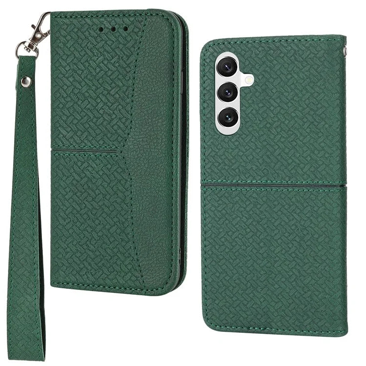 For Samsung Galaxy A55 5G Leather Case Magnetic Closing Cover Woven Texture with Strap