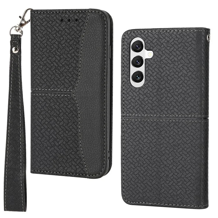 For Samsung Galaxy A55 5G Leather Case Magnetic Closing Cover Woven Texture with Strap