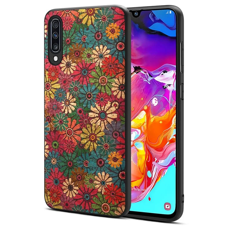 For Samsung Galaxy A70 Case Flower Pattern PU Leather Coated PC+TPU Cover